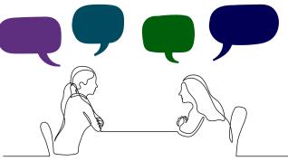 Line drawing of two people talking at a table. There are speech bubbles above them in purple, blue and green. 