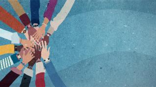 Drawing of many hands put into a circle on a speckled blue background. 