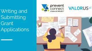 Turquoise blue rectangle with white text reading Writing and Submitting Grant Applications, next to rectangle with graphic showing a birdseye viewof a woman hunched over a table writing on a paper and the table is covered with papers